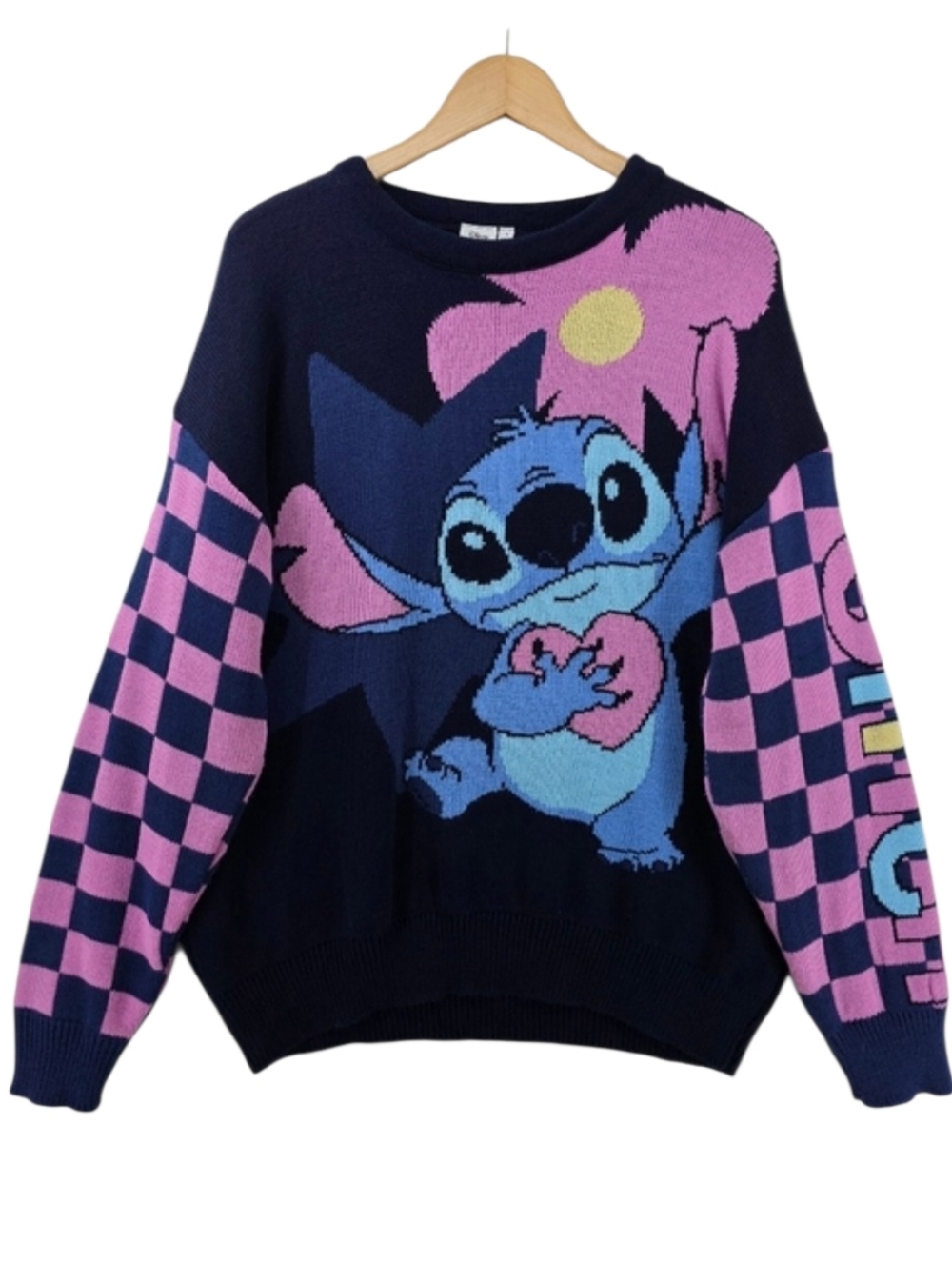 Disney X Skinnydip Lilo & Stitch Checkered Navy Pink Sweater Women's Size Small
